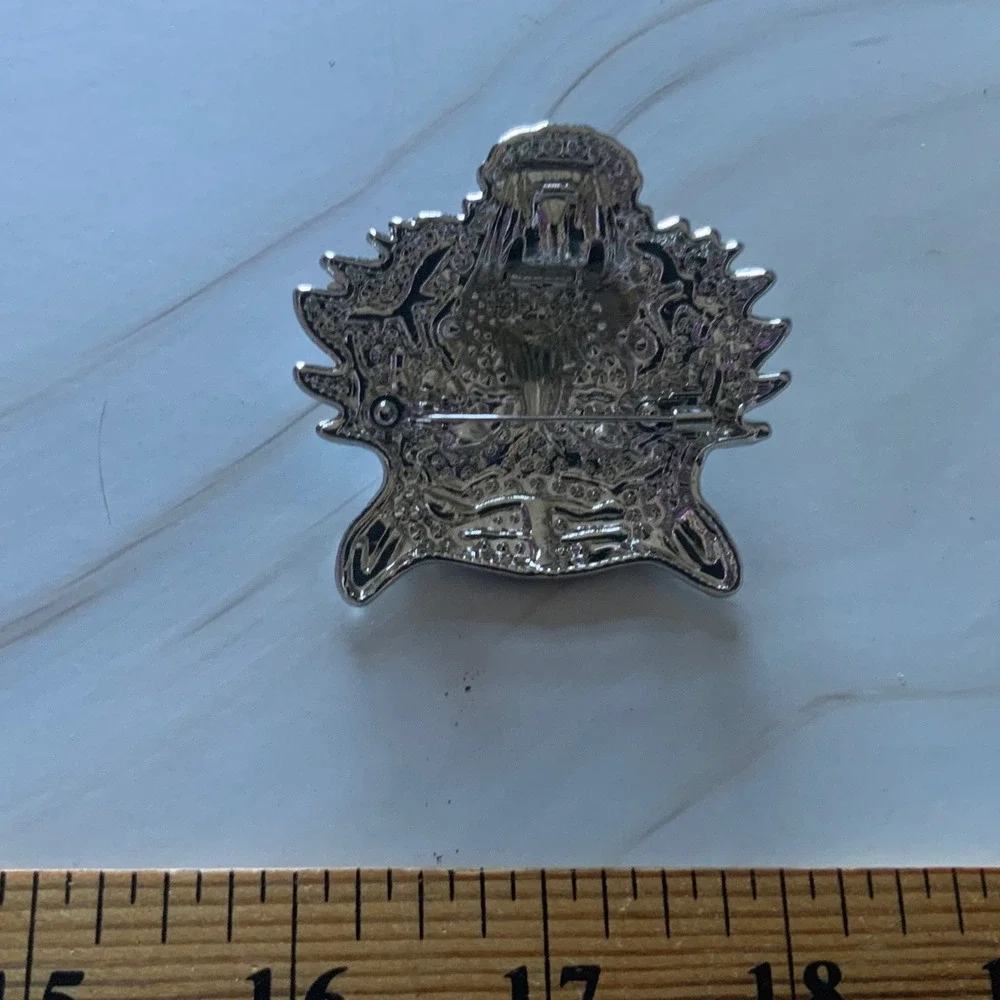 Rhinestone Tiger Head Brooch Pin Silver Tone Enamel Roaring Green Eyes